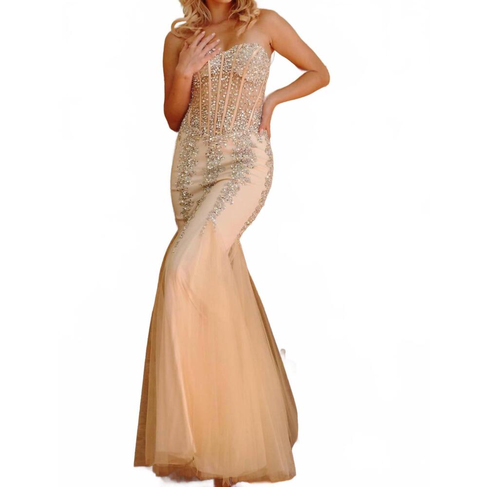 NEW JOVANI embellished corset bodice prom dress in silver/nude - Picture 2 of 3